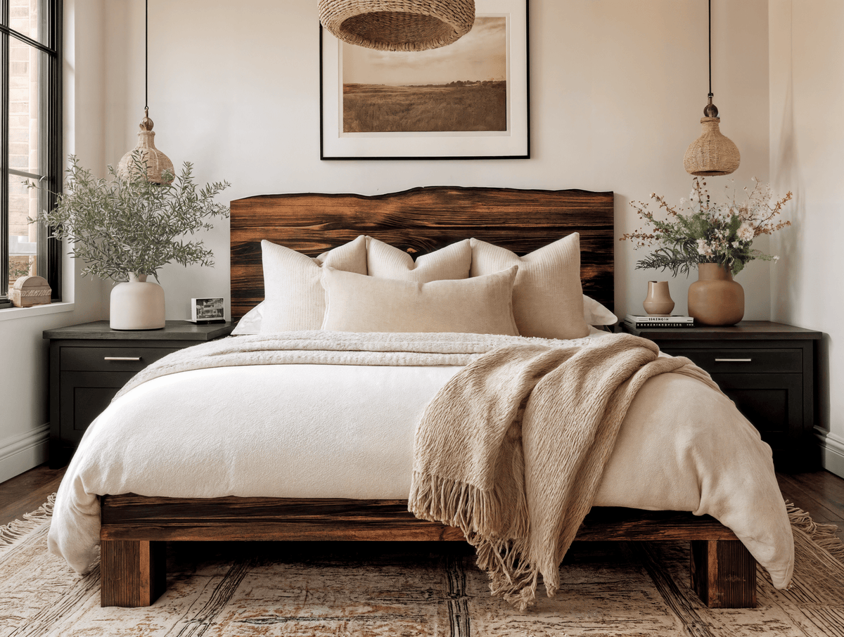 The Extended Rampart Live Edge Bed in a well lit bedroom