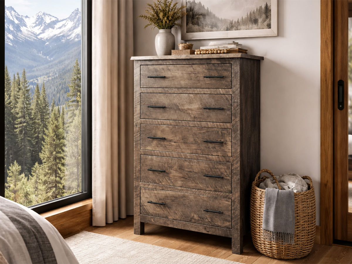 Live Edge 5 Drawer Chest — live edge solid wood drawer chest, handcrafted in the USA by Danner Furniture #color_barnwood-rough-sawn