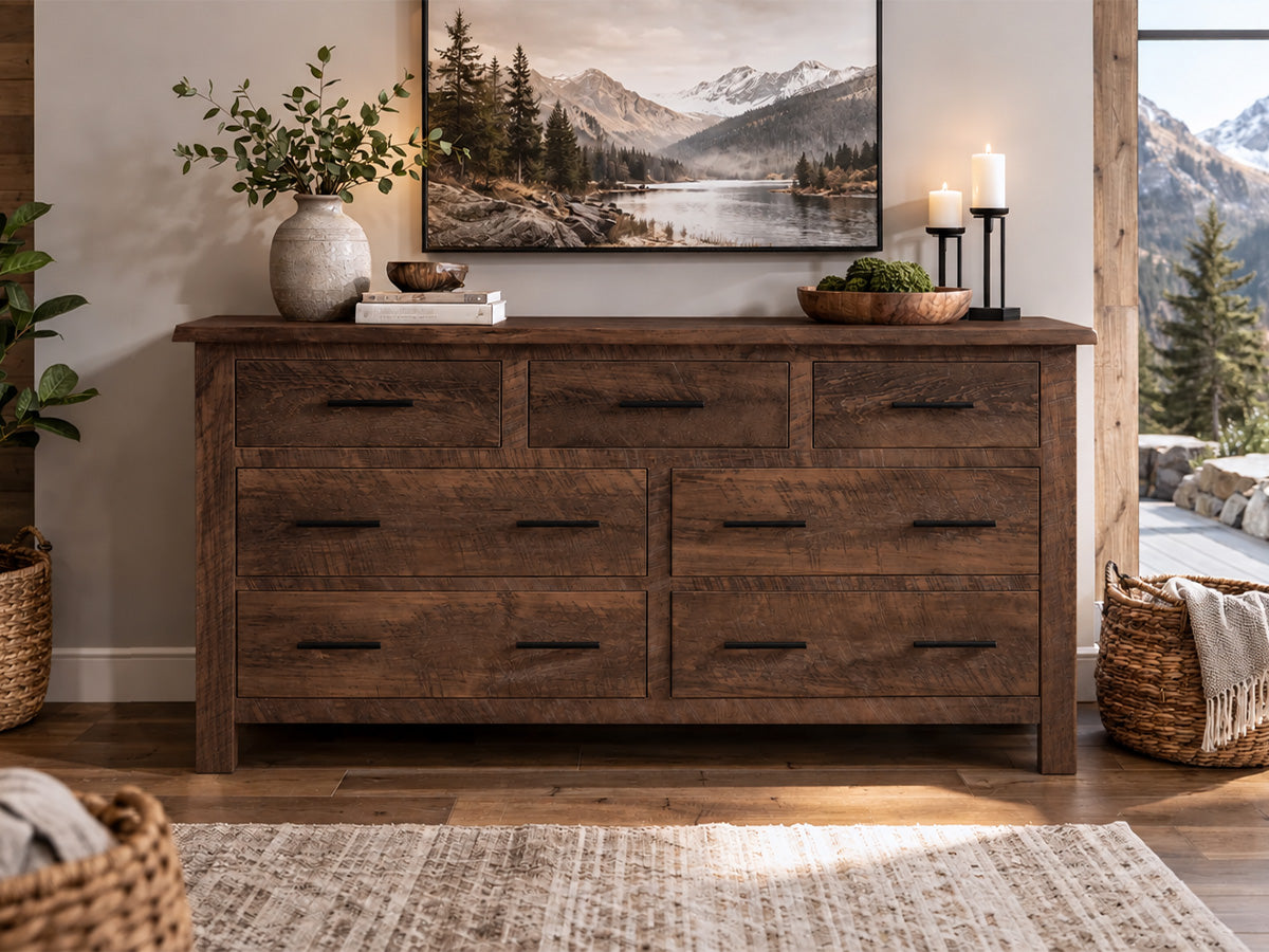 Live Edge 7 Drawer Dresser — live edge solid wood dresser, handcrafted in the USA by Danner Furniture #color_railcar-rough-sawn