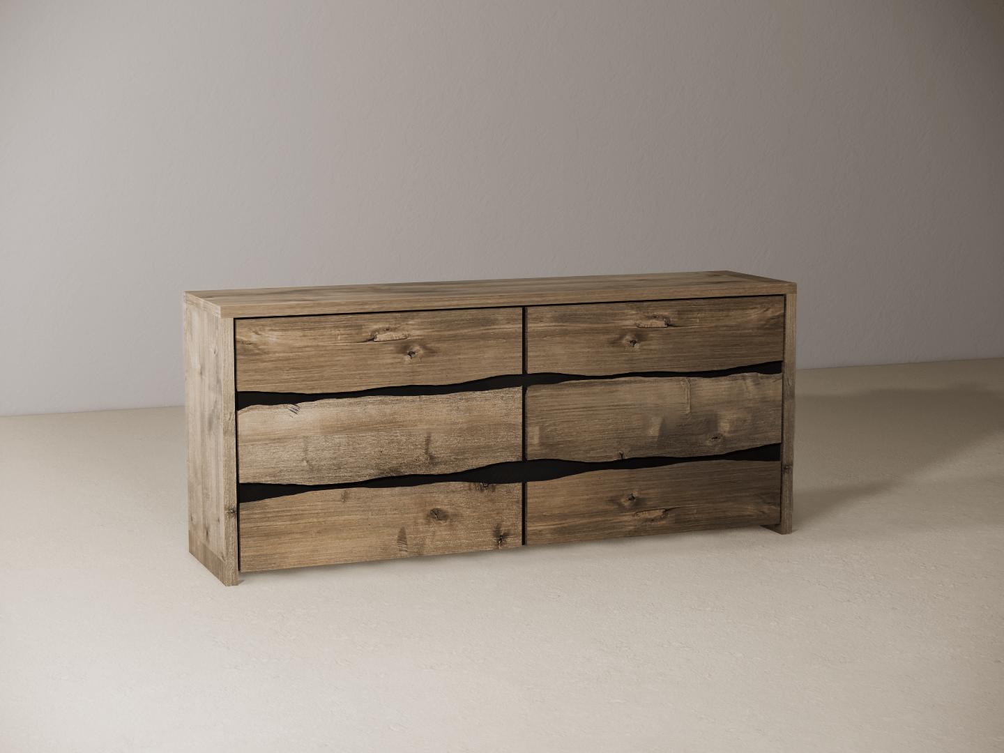 Wooden dresser with six drawers on a neutral background