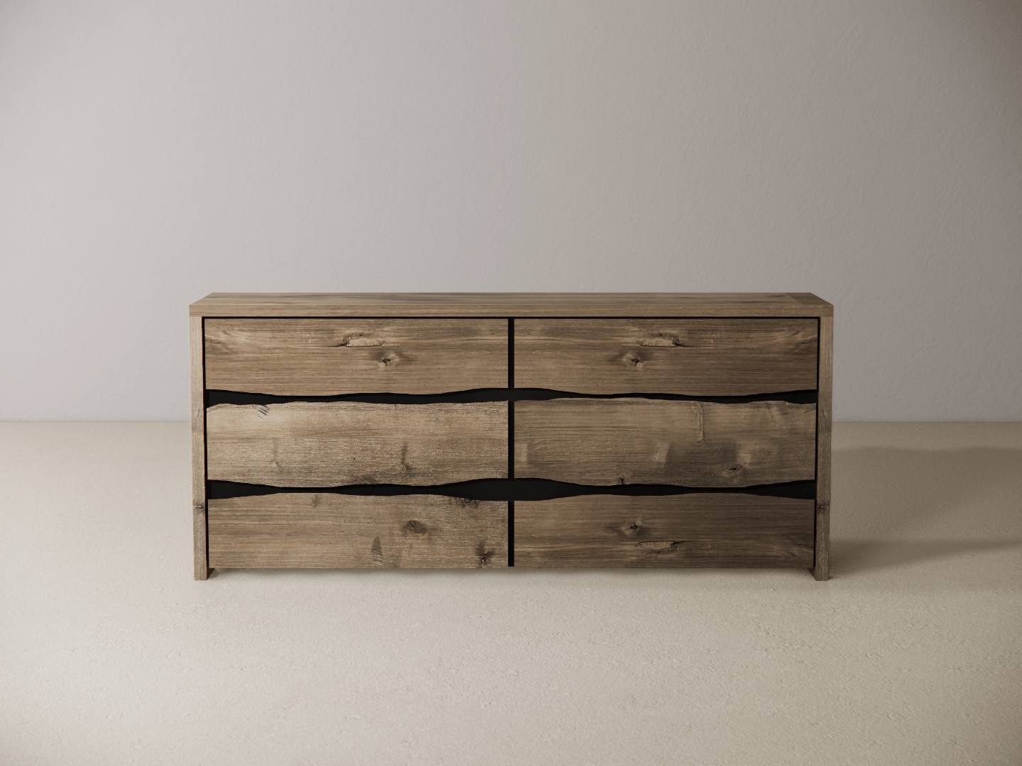 Wooden dresser with six drawers on a neutral background