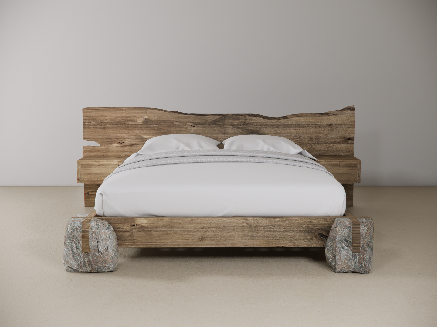 Wooden bed with stone bases in a plain setting