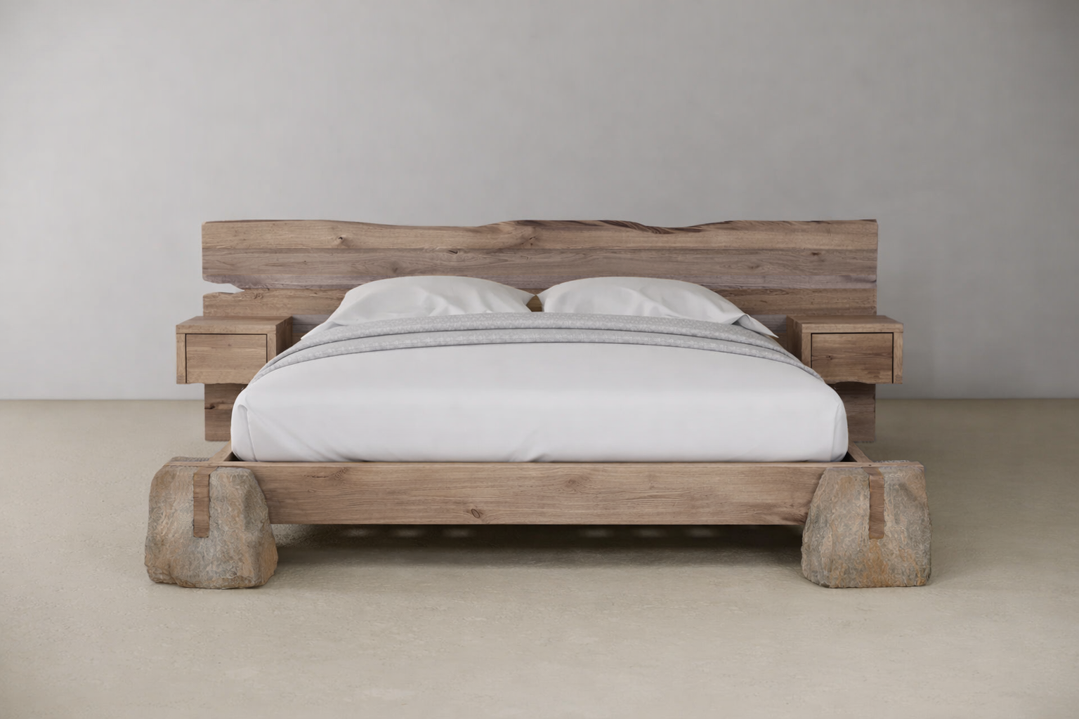 Wooden bed with stone bases in a plain setting
