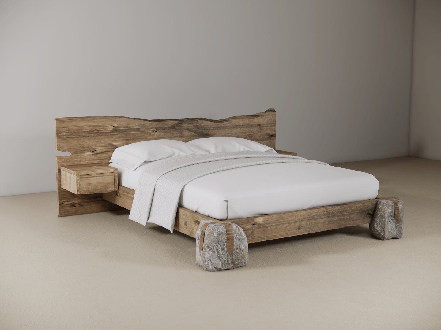 Wooden bed with stone bases in a plain setting