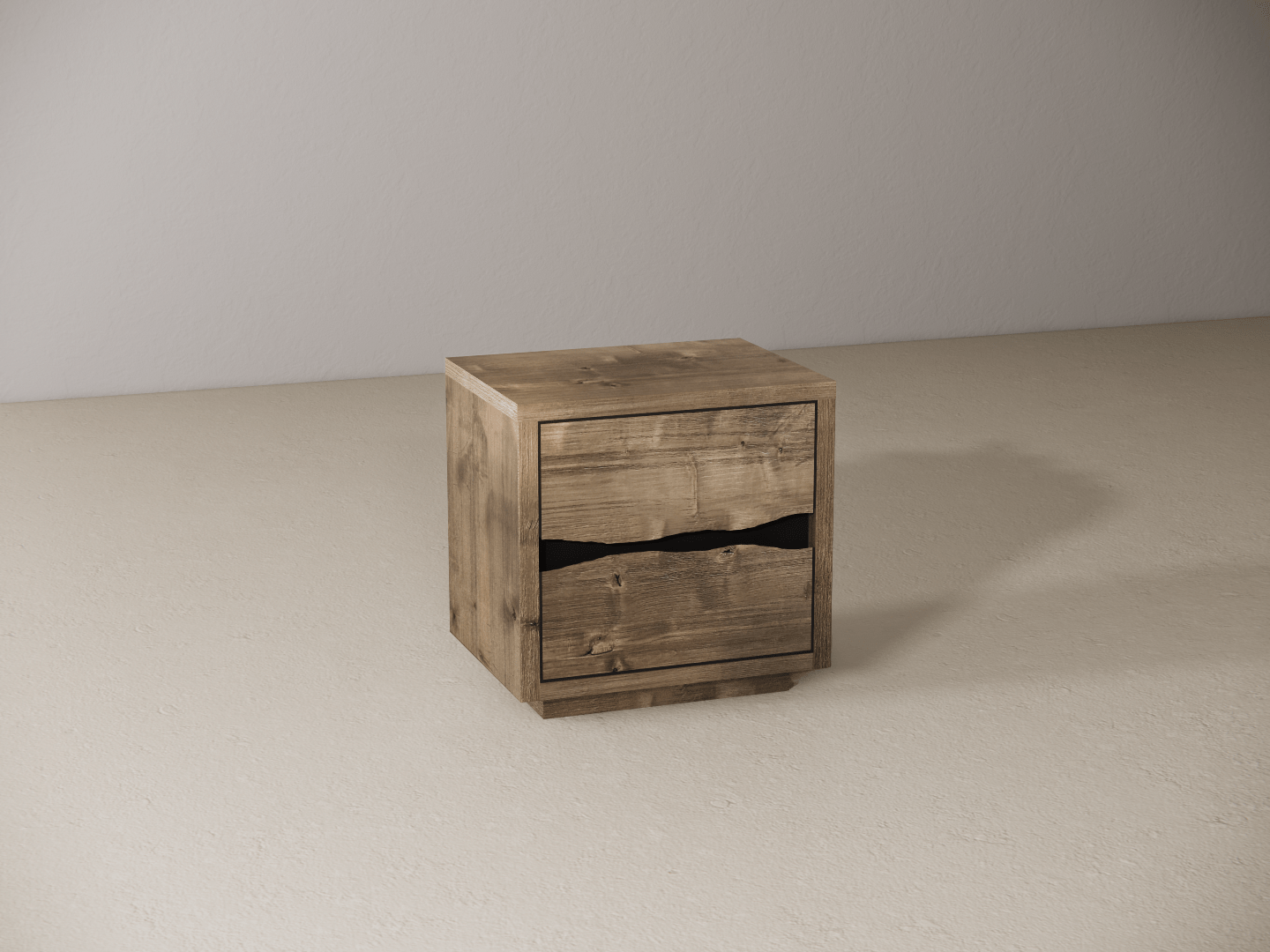 Wooden nightstand with two drawers on a beige surface with a gray background