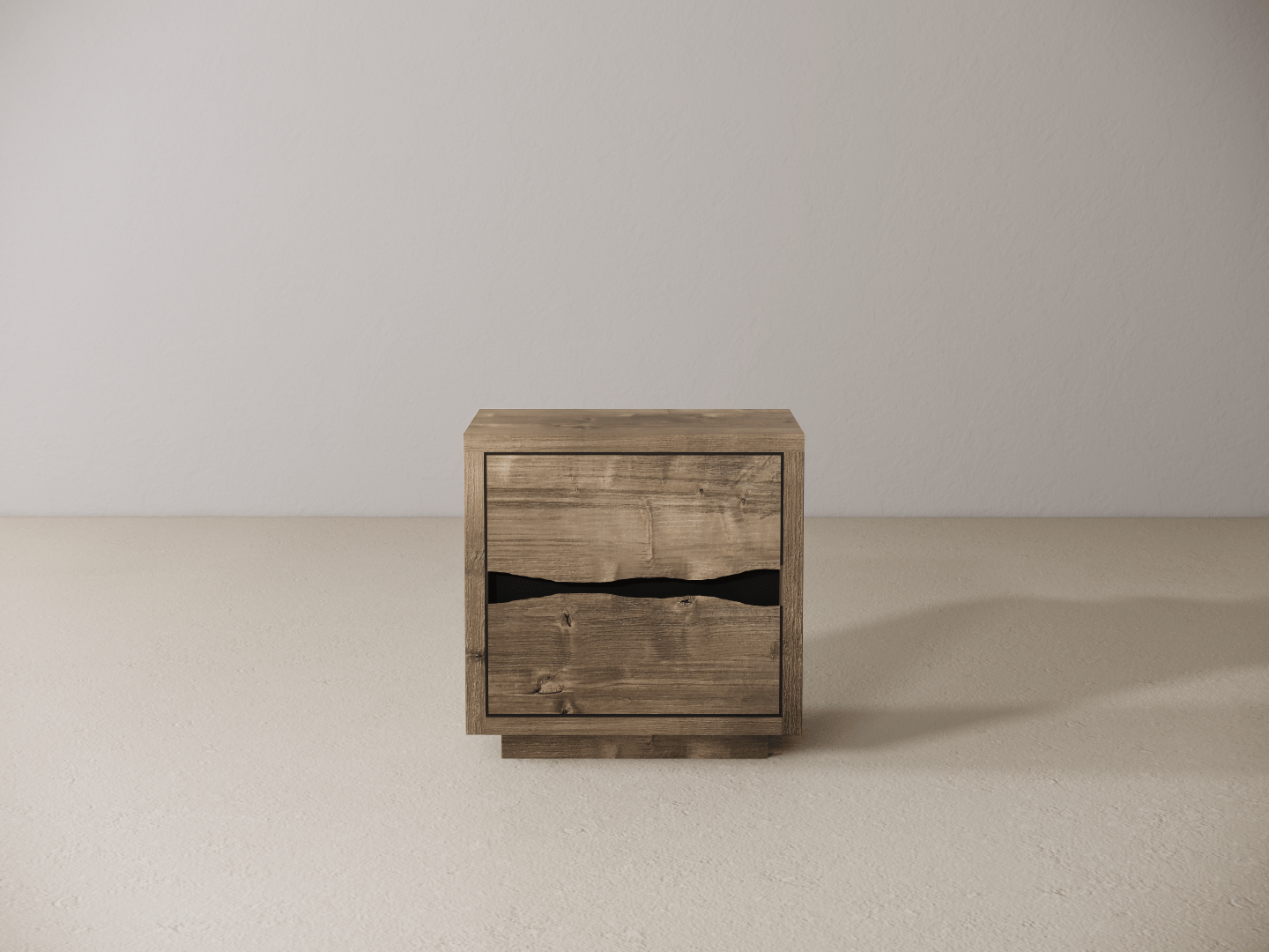 Wooden nightstand with two drawers on a neutral background
