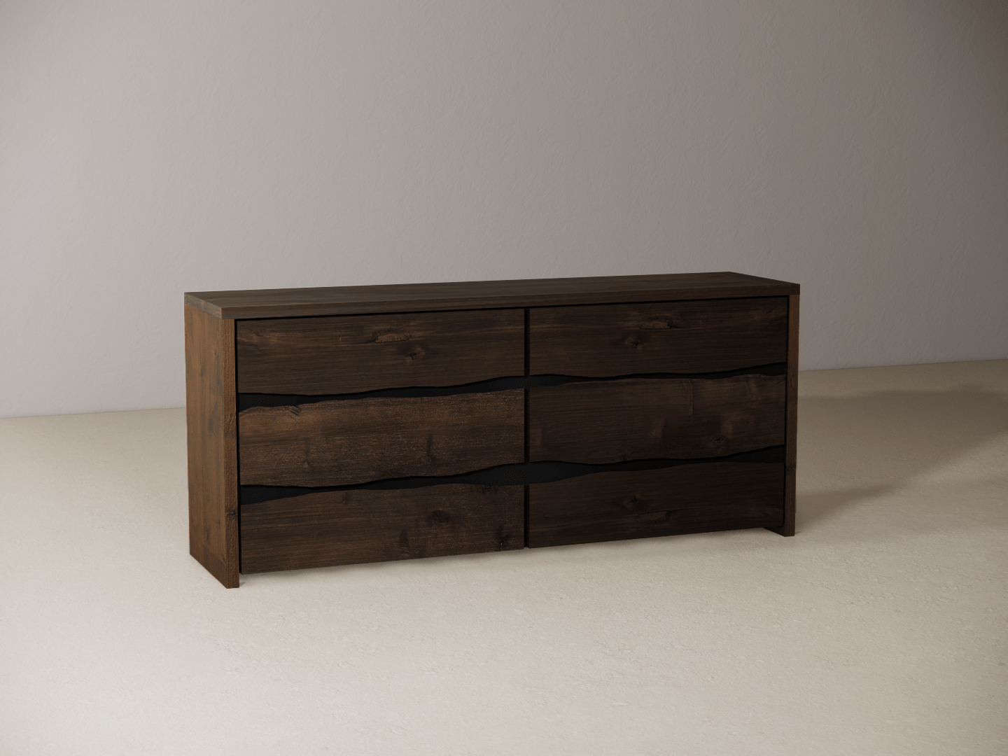 Wooden dresser with six drawers on a neutral background