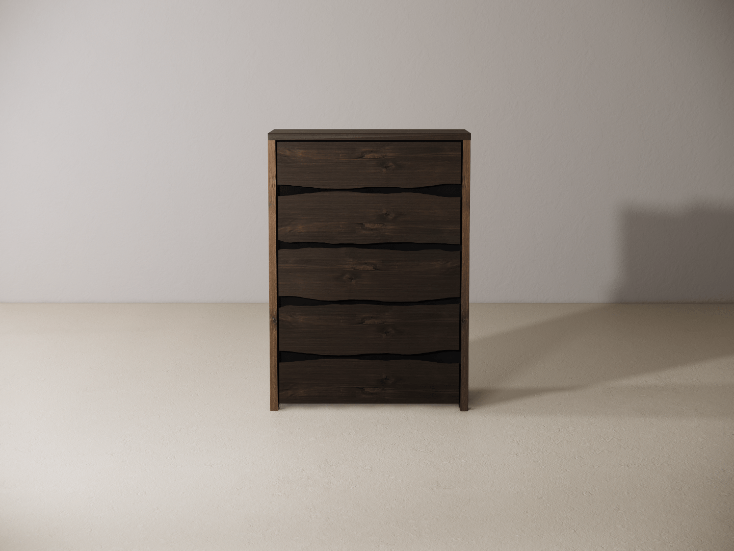 Wooden dresser with five drawers against a plain wall.