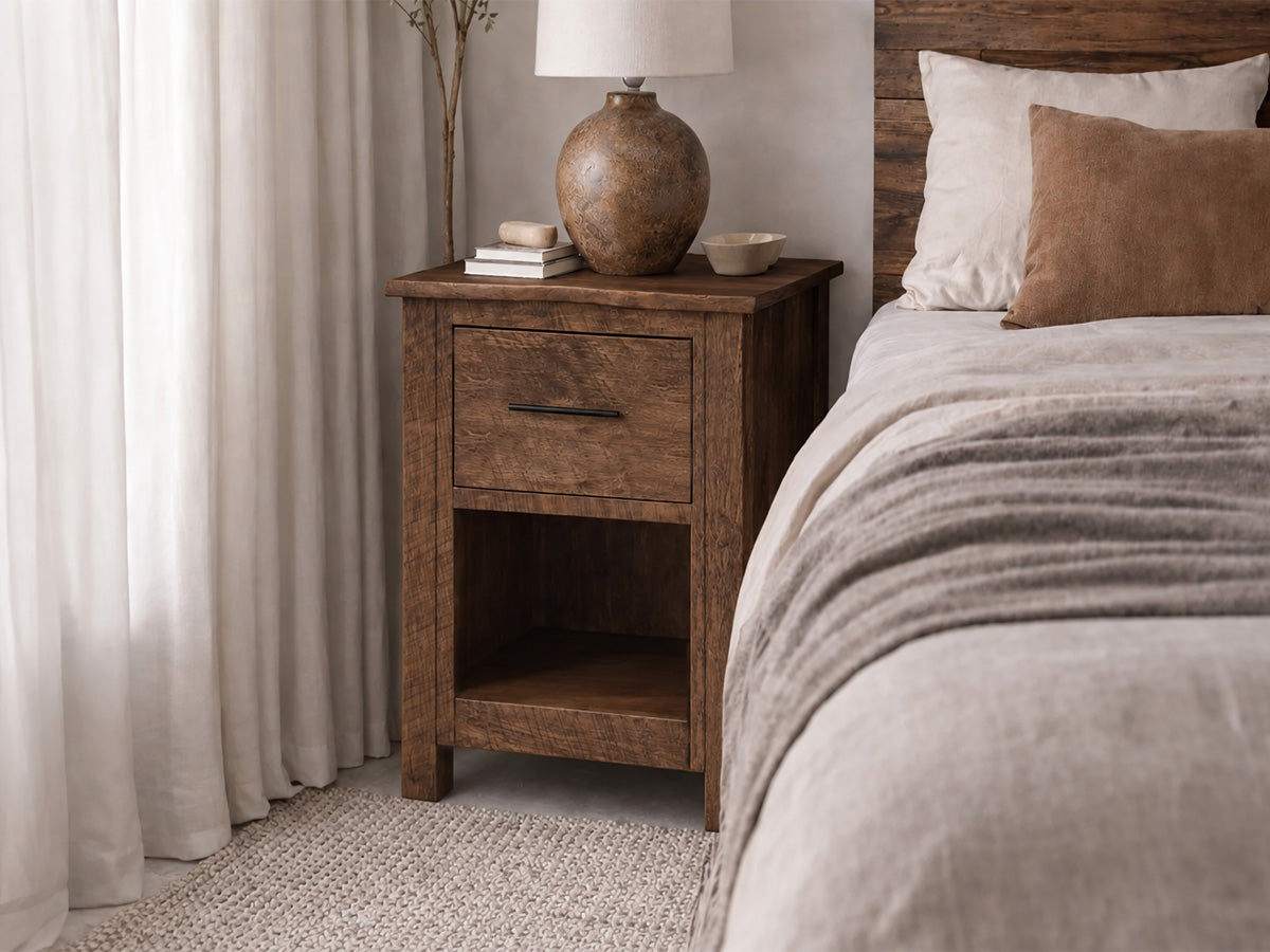 Live Edge 1 Drawer Nightstand — live edge solid wood nightstand, handcrafted in the USA by Danner Furniture #color_railcar-rough-sawn