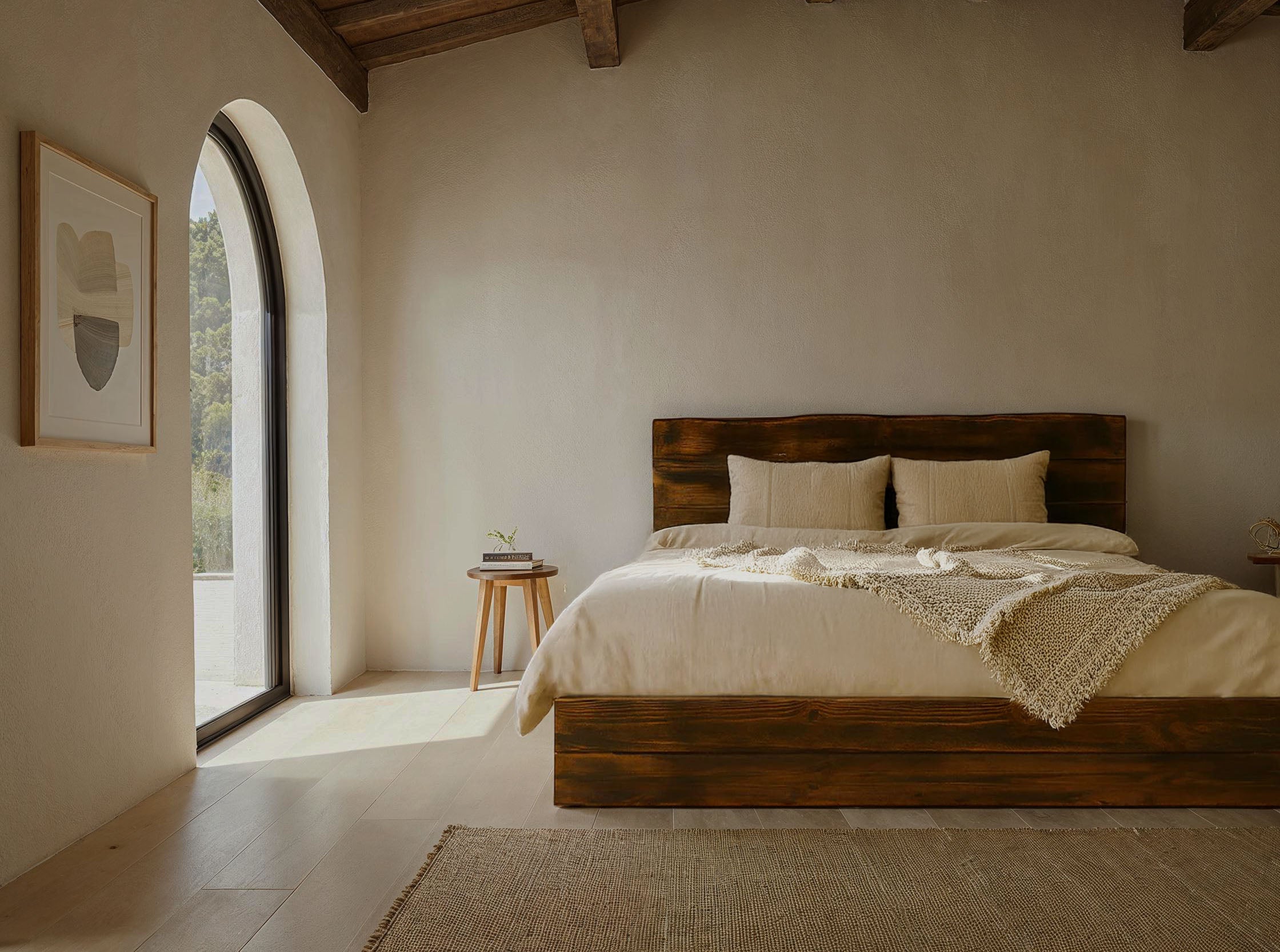 dark brown color solid wood bed frame with live edge headboard