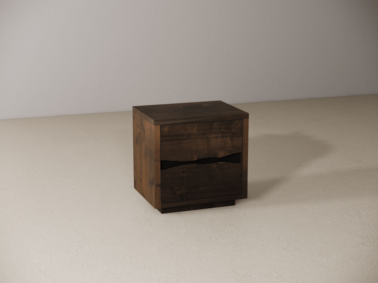 Wooden nightstand on a beige surface with a neutral background