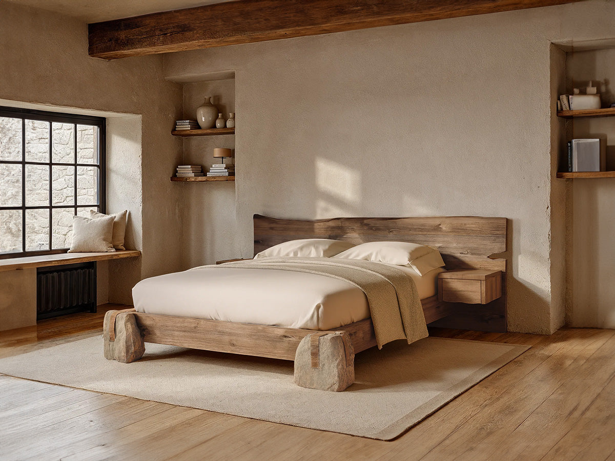 Wooden bed with stone bases in a bedroom setting #color_weathered-barnwood