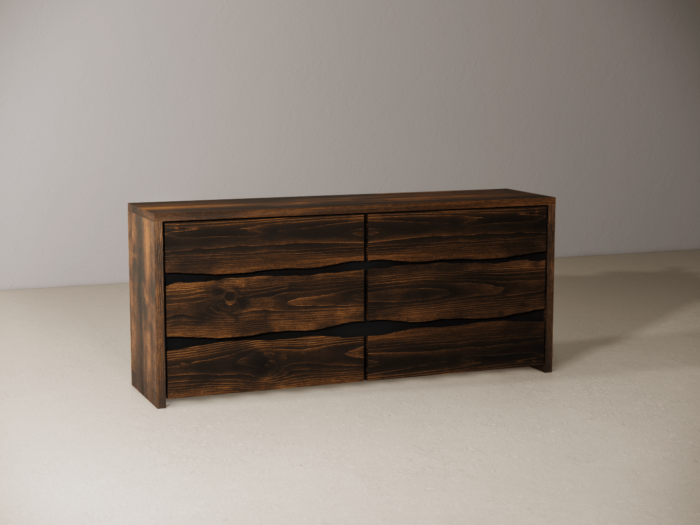 Wooden dresser with six drawers on a neutral background