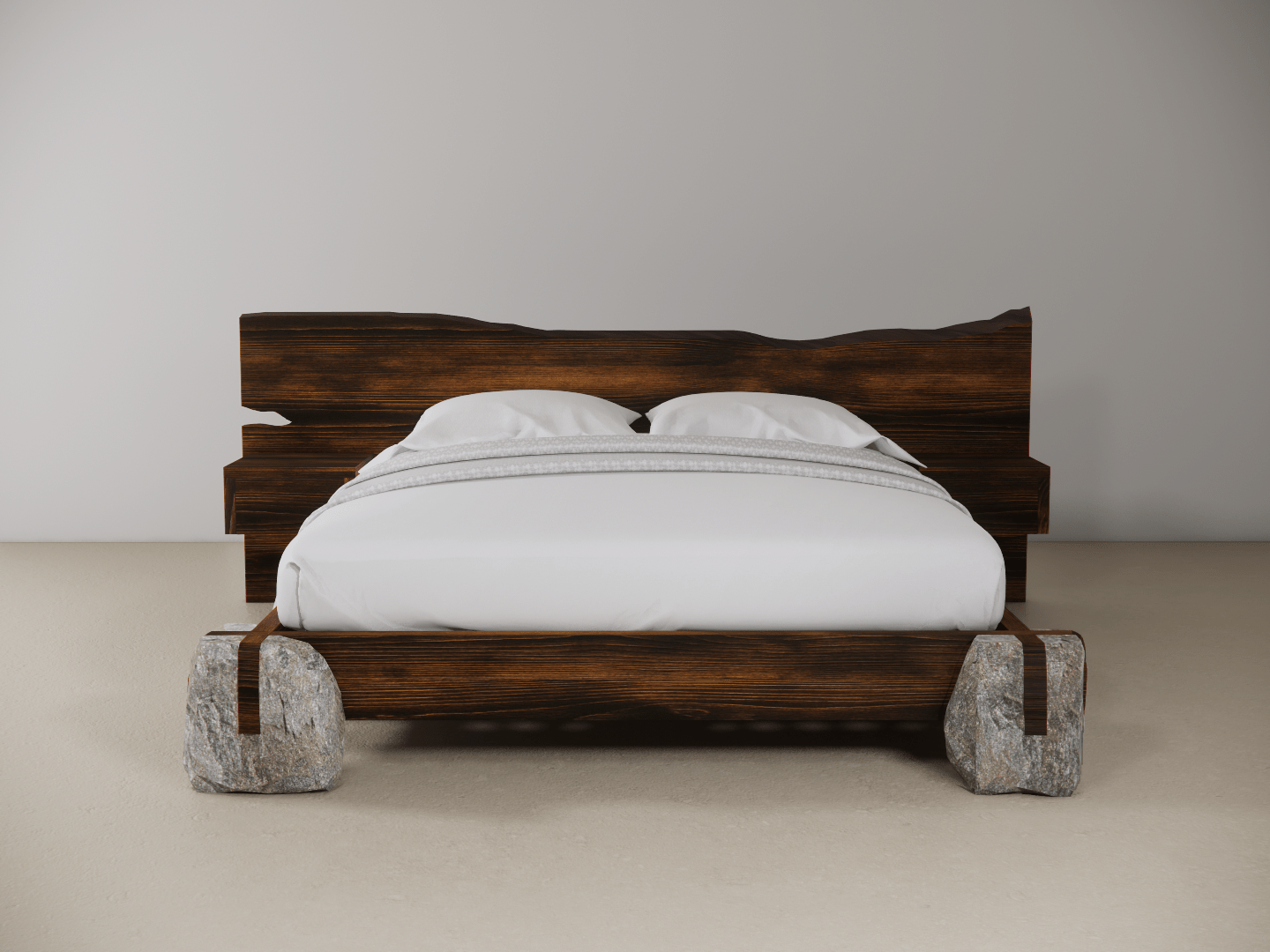 Wooden bed with stone feet on a plain background