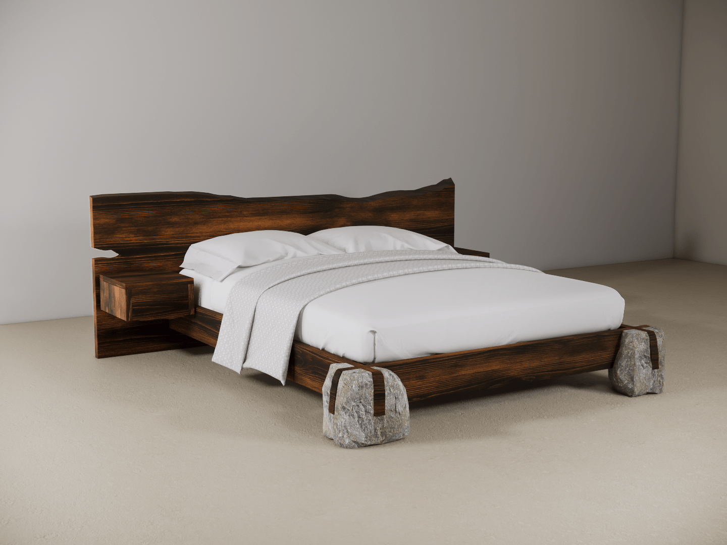 Wooden bed with stone feet on a plain background