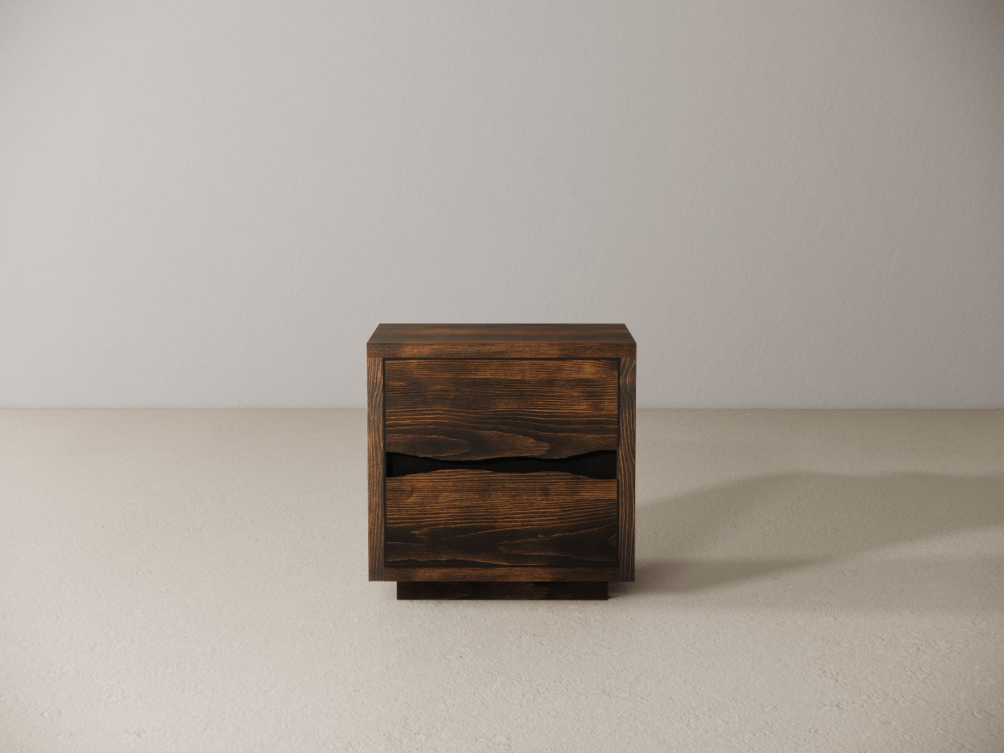 Wooden nightstand with two drawers on a plain background