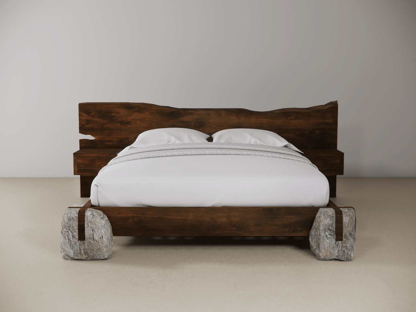 Wooden bed with stone feet on a plain background