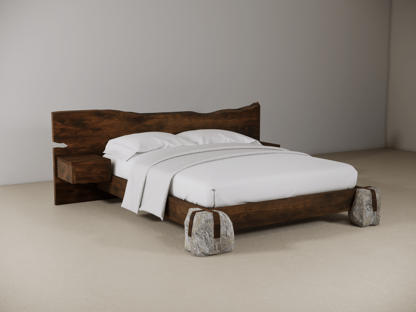 Wooden bed with stone feet on a plain background