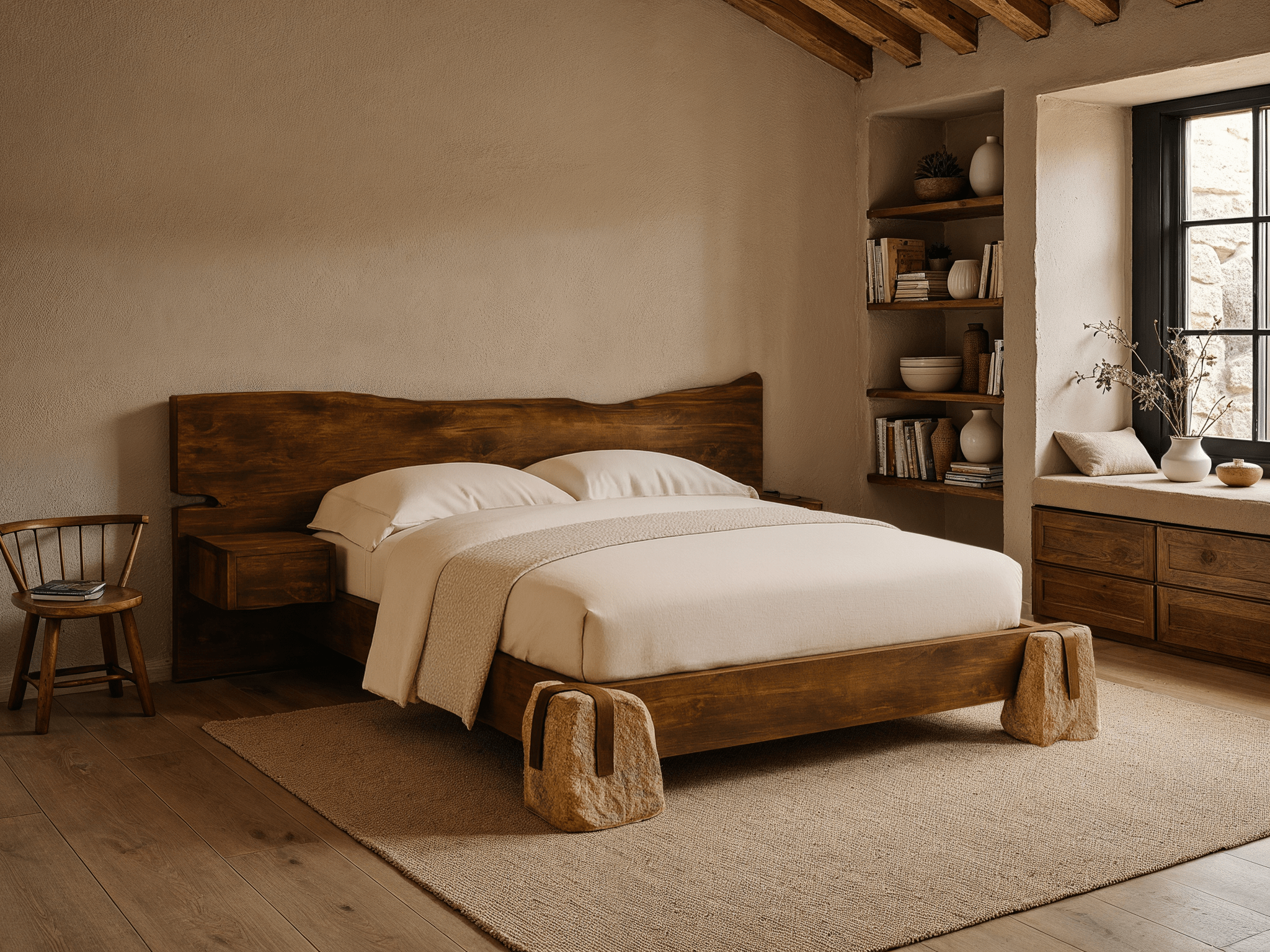 Wooden bed in a bedroom with a wooden headboard and footboard.