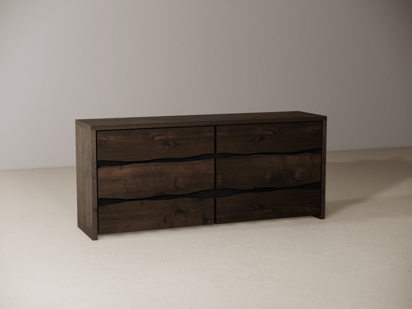 Wooden dresser with six drawers on a neutral background