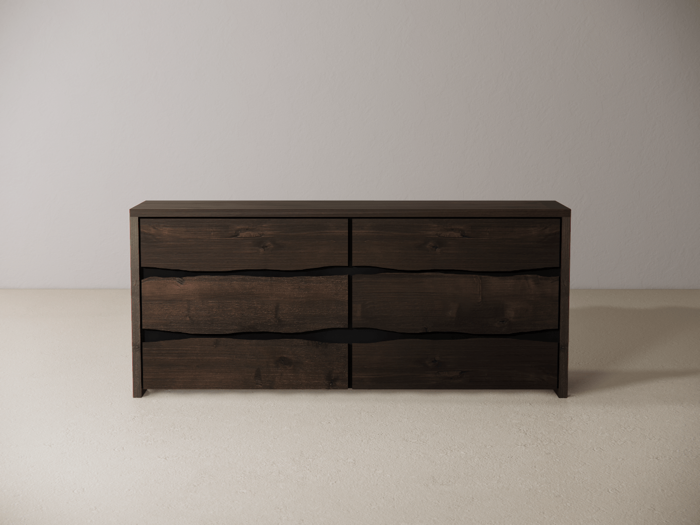 Wooden dresser with six drawers on a neutral background