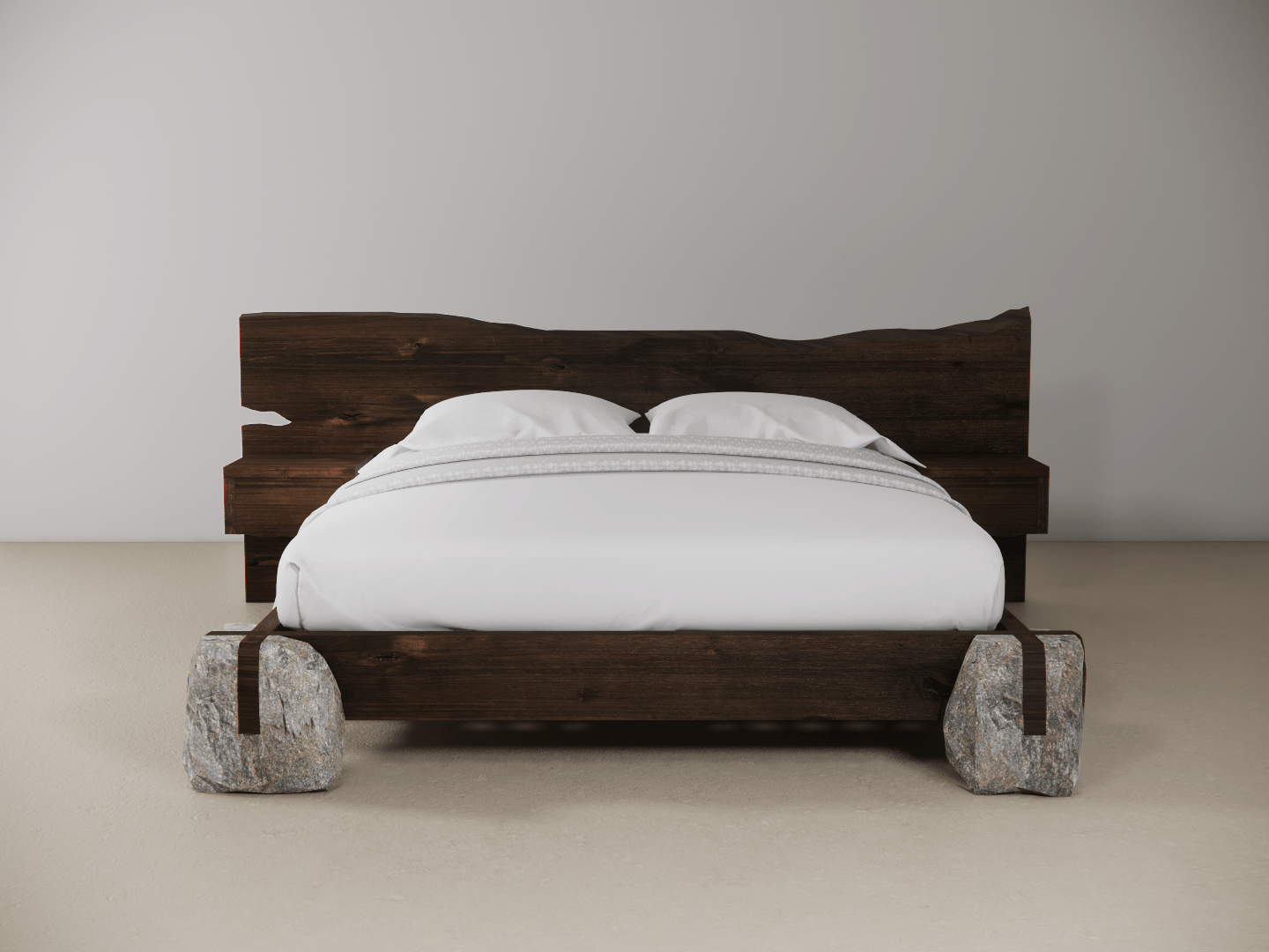 Wooden bed with stone bases in a plain setting