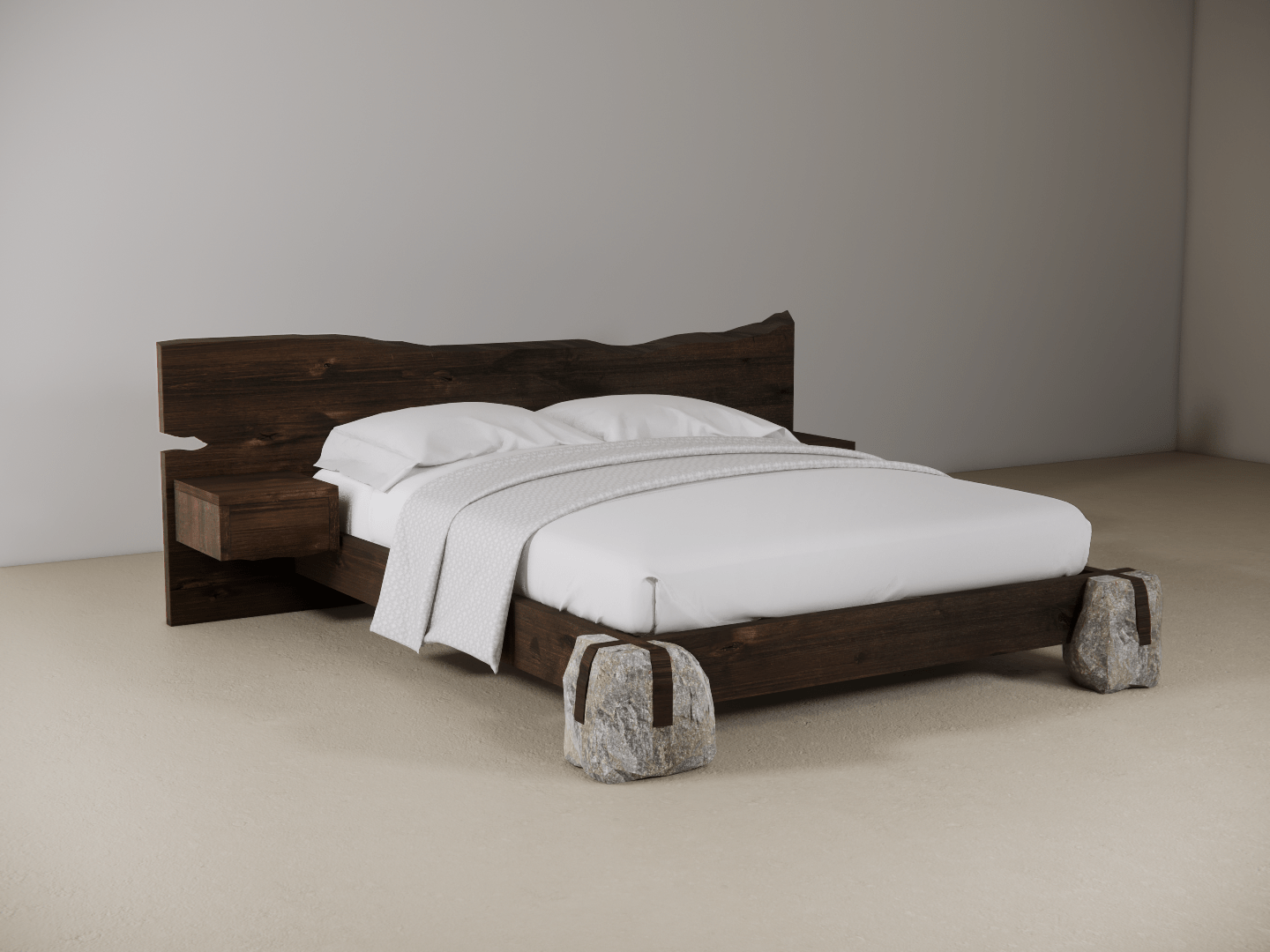 Wooden bed with stone bases in a plain setting
