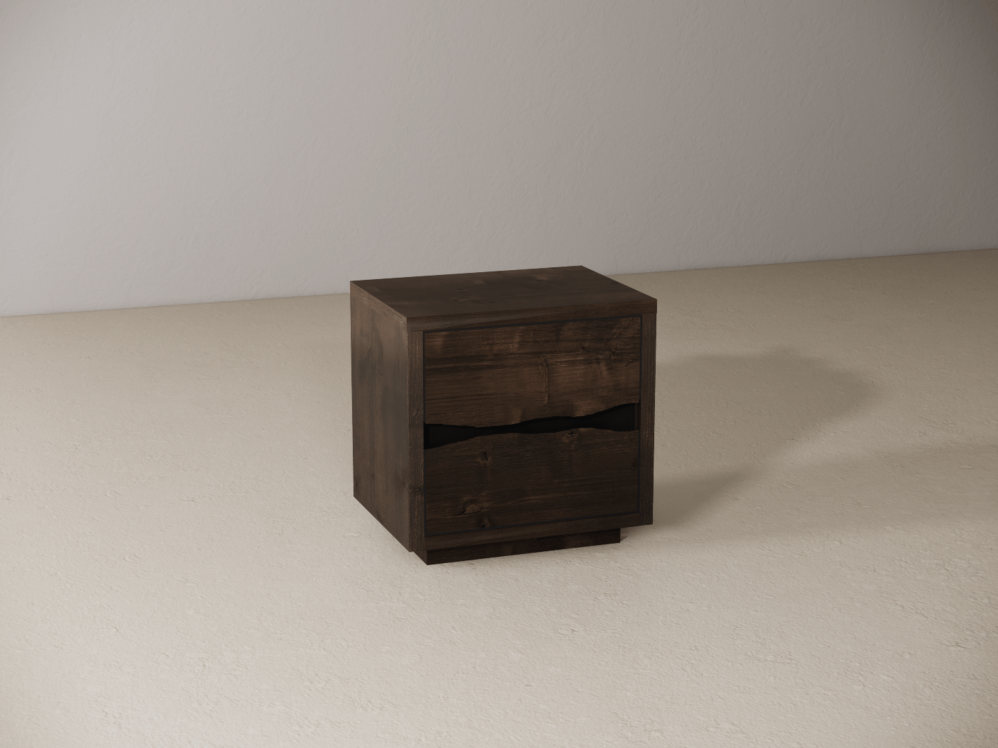 Dark wooden nightstand on a beige surface with a neutral background