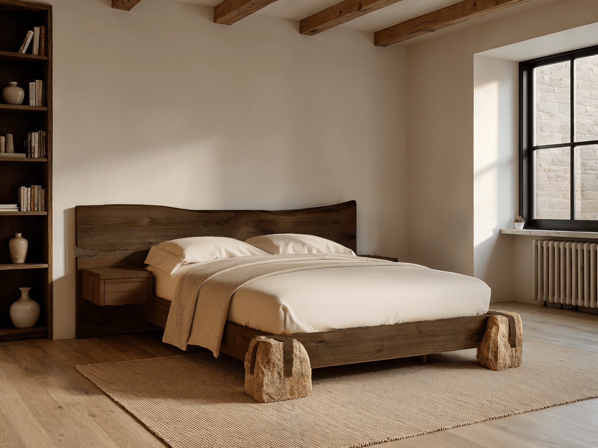 Wooden bed with stone bases in a bedroom setting