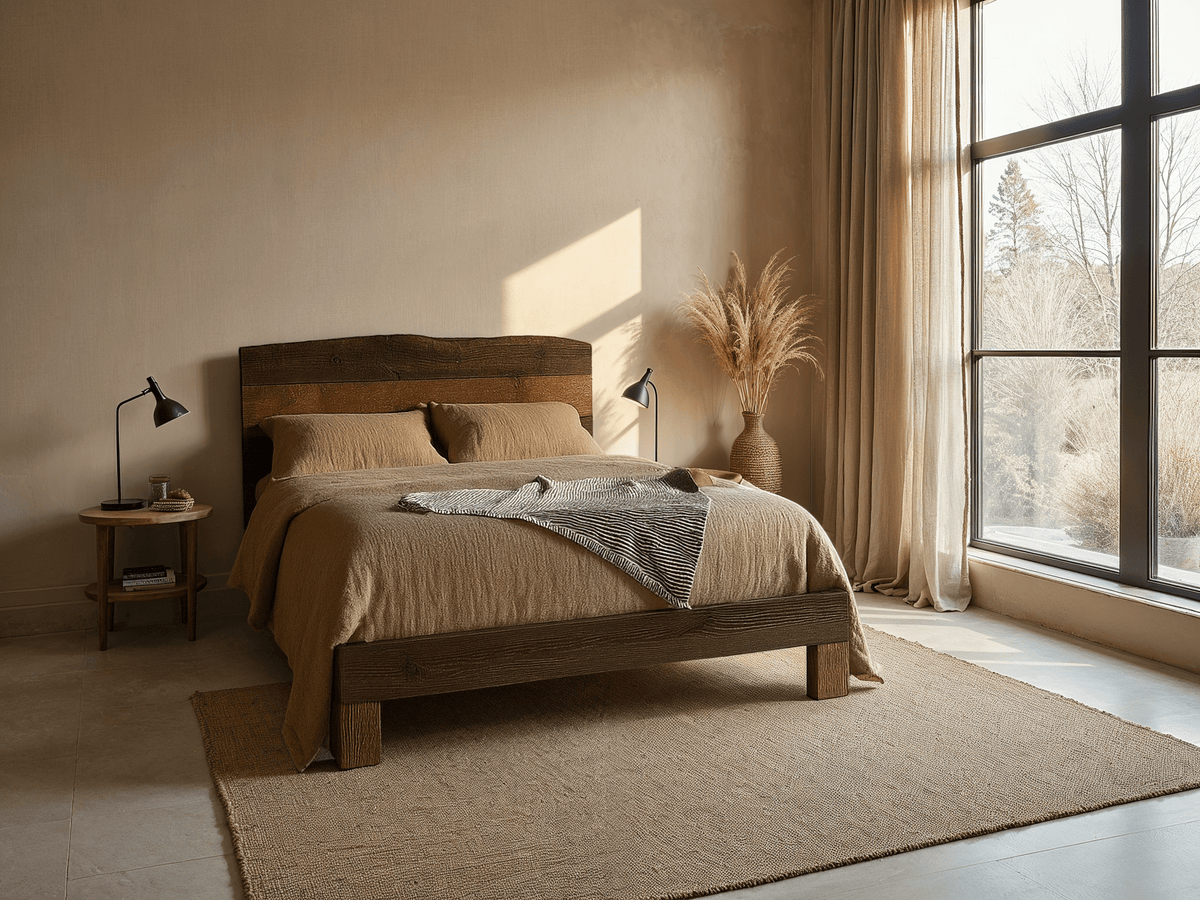 Live Edge Rampart Bed in a shadowy bedroom lit by a large window