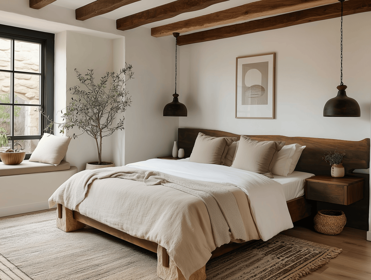 The Monolith Live Edge Bed with shelves in a brightly lit bedroom