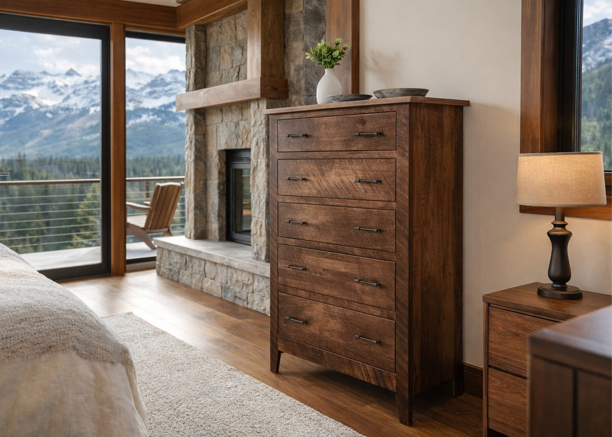 Live Edge 5 Drawer Chest — live edge solid wood drawer chest, handcrafted in the USA by Danner Furniture #color_railcar-rough-sawn