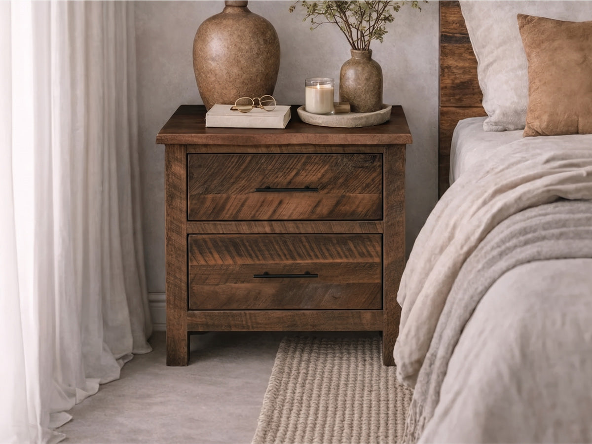 Live Edge 2 Drawer Nightstand — live edge solid wood nightstand, handcrafted in the USA by Danner Furniture #color_railcar-rough-sawn