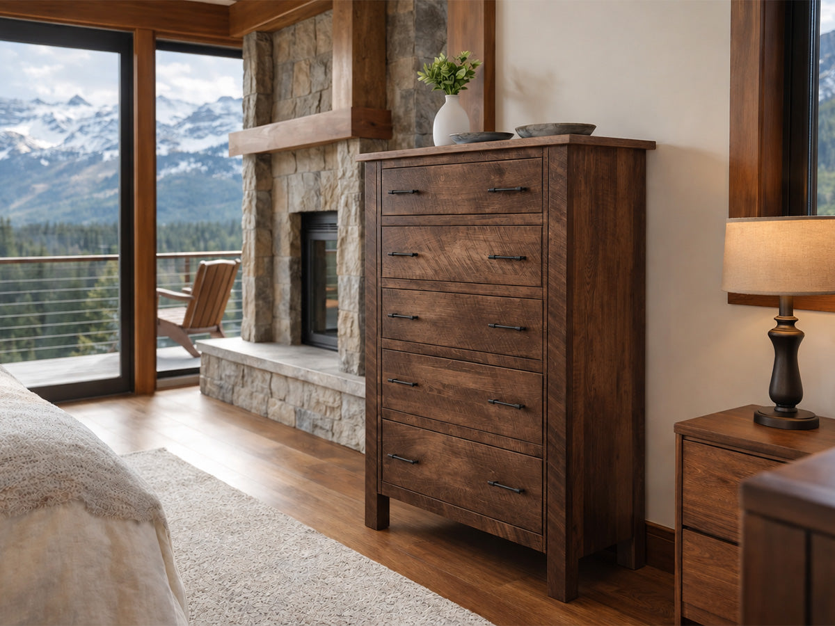 Live Edge 5 Drawer Chest — live edge solid wood drawer chest, handcrafted in the USA by Danner Furniture 