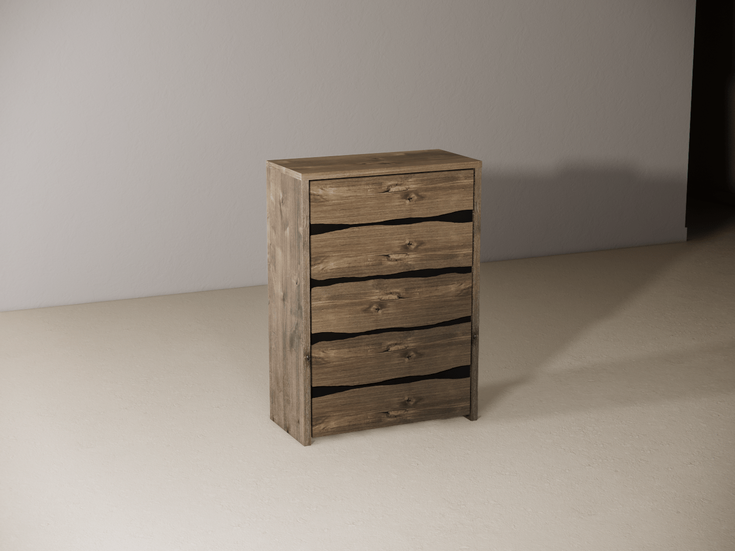 Wooden dresser with five drawers against a plain wall. 