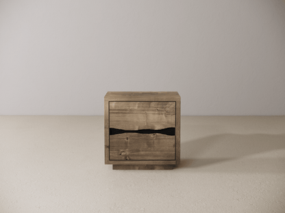 Wooden nightstand with two drawers on a neutral background 