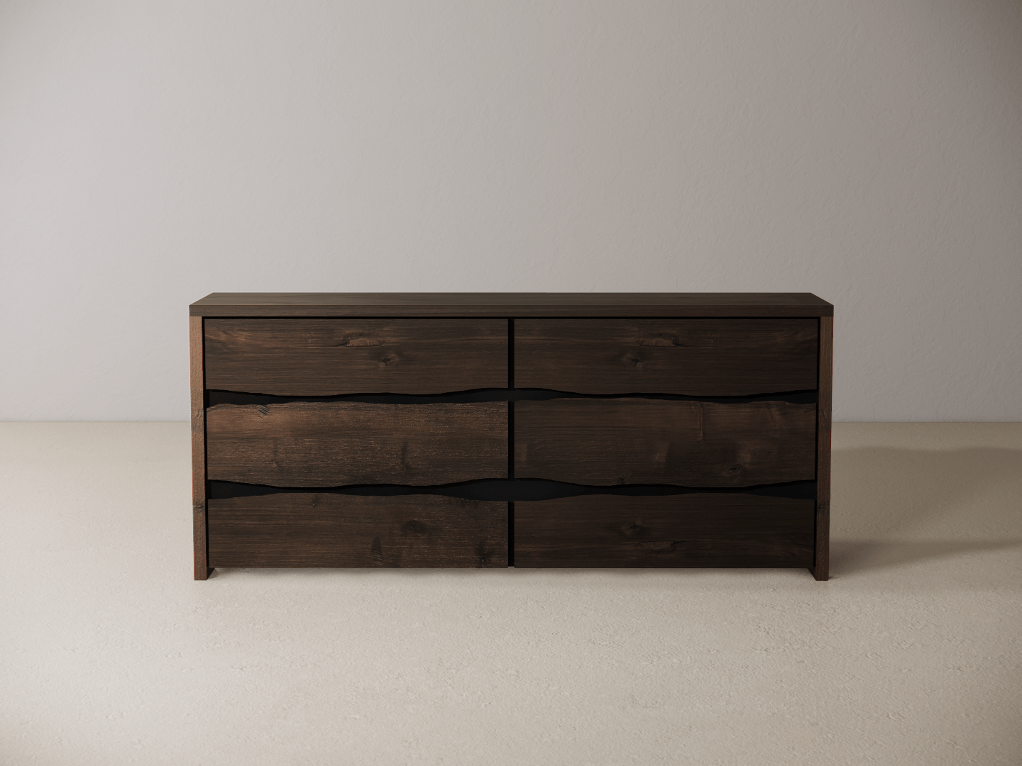 Wooden dresser with six drawers on a neutral background 