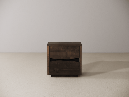 Wooden nightstand with two drawers on a plain background 
