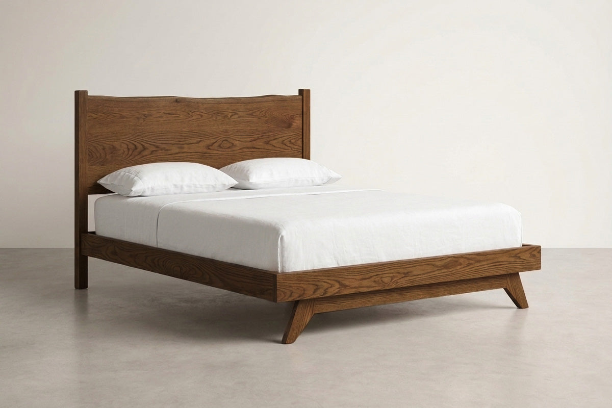 The Century Live Edge Bed — solid white oak bed with live edge headboard, handcrafted in the USA by Danner Furniture