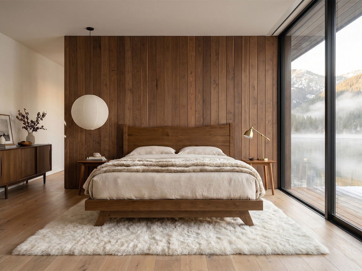 The Century Live Edge Bed — solid white oak bed with live edge headboard, handcrafted in the USA by Danner Furniture