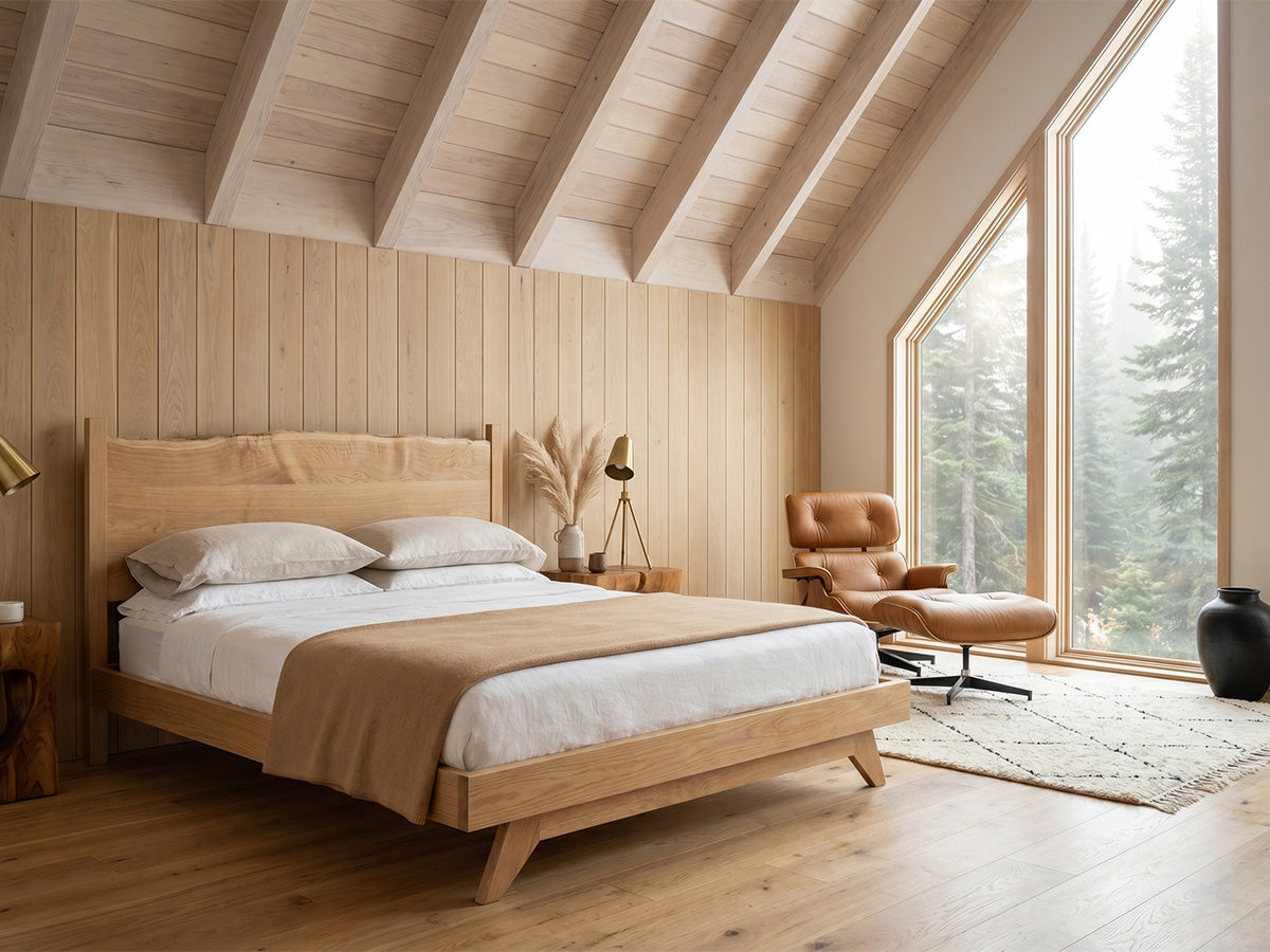 The Century Live Edge Bed — solid white oak bed with live edge headboard, handcrafted in the USA by Danner Furniture
