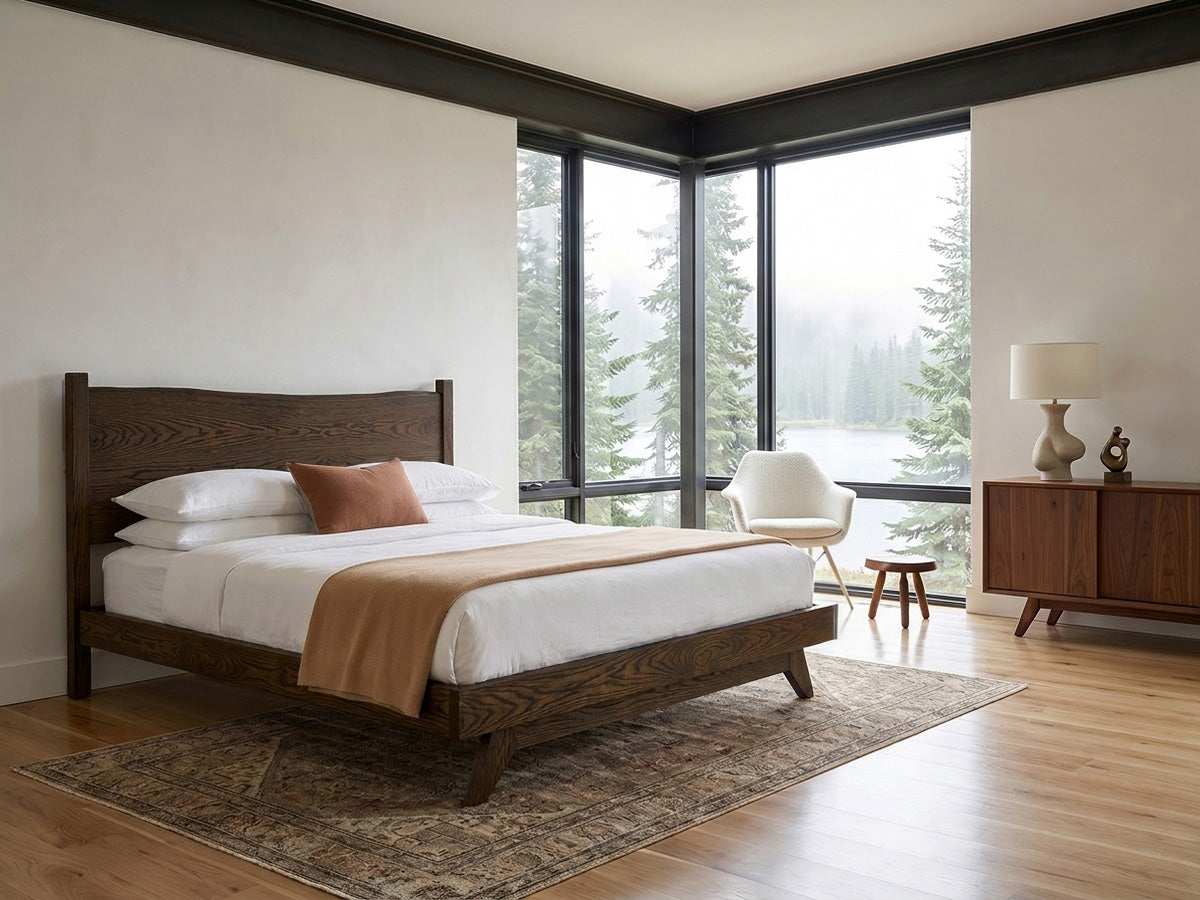 The Century Live Edge Bed — solid white oak bed with live edge headboard, handcrafted in the USA by Danner Furniture