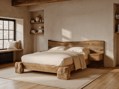 Wooden bed with stone bases in a bedroom setting 