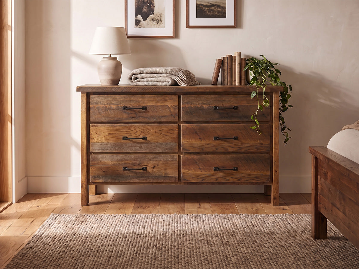 6 Drawer Reclaimed Wood Dresser - solid reclaimed oak wood dining dresser made in the USA.