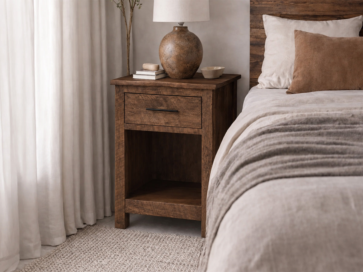 Live Edge 1 Drawer Nightstand — live edge solid wood nightstand, handcrafted in the USA by Danner Furniture #color_railcar-rough-sawn