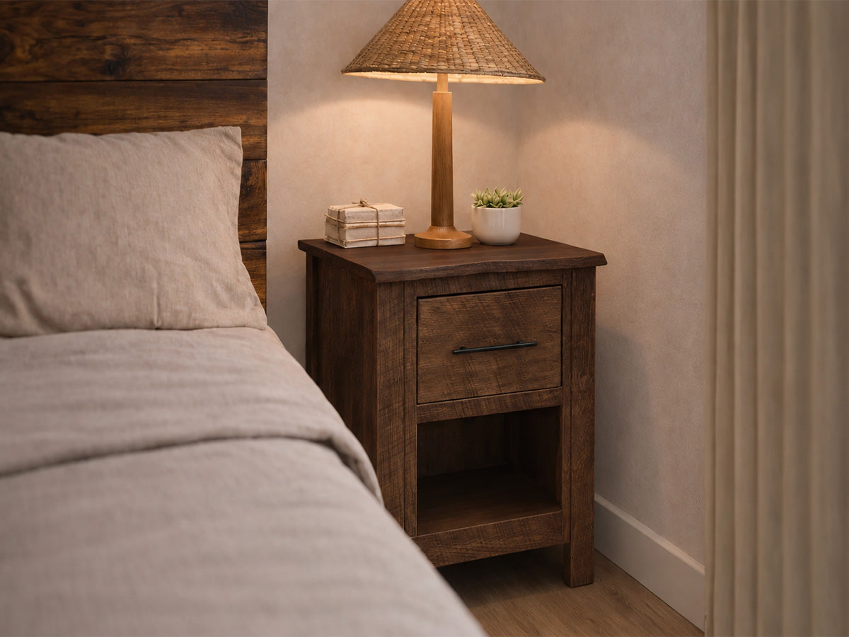 Live Edge 1 Drawer Nightstand — live edge solid wood nightstand, handcrafted in the USA by Danner Furniture 