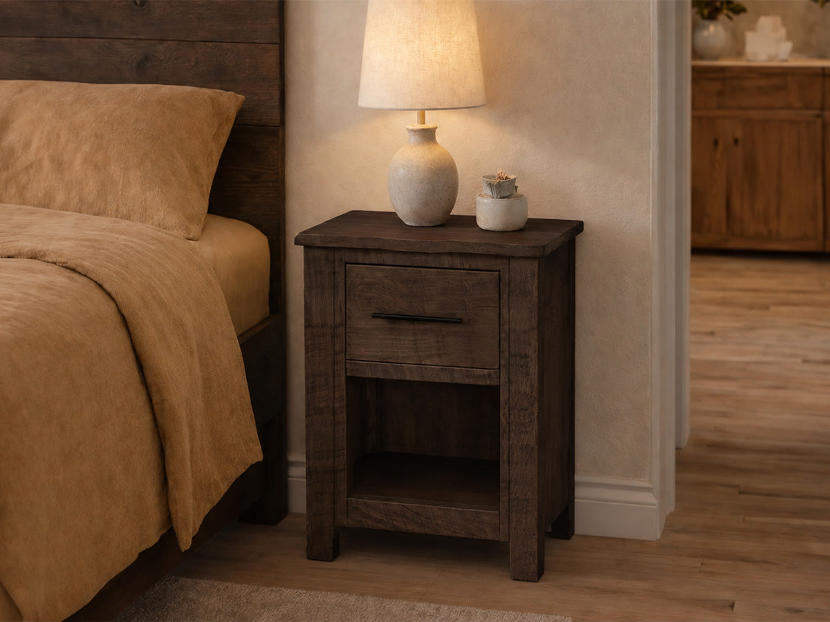Live Edge 1 Drawer Nightstand — live edge solid wood nightstand, handcrafted in the USA by Danner Furniture 