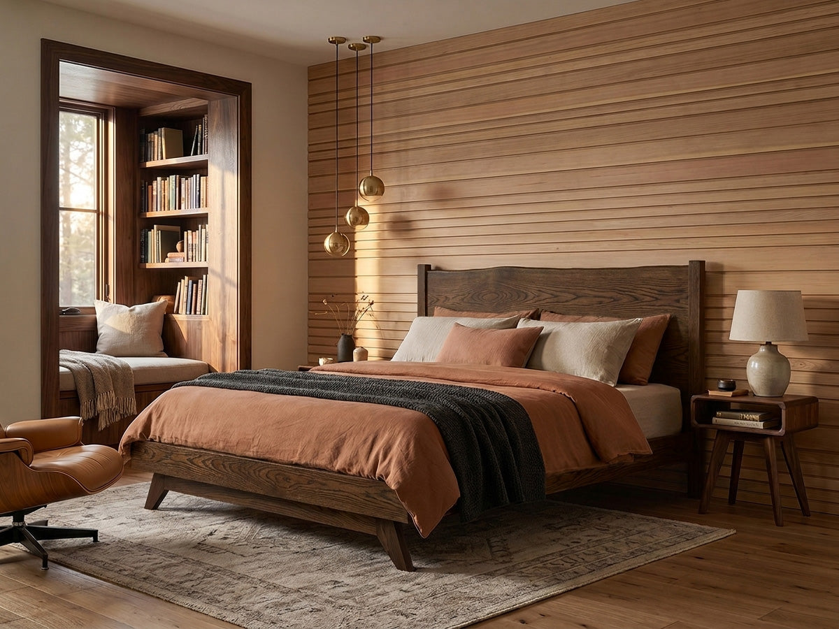 The Century Live Edge Bed — solid white oak bed with live edge headboard, handcrafted in the USA by Danner Furniture
