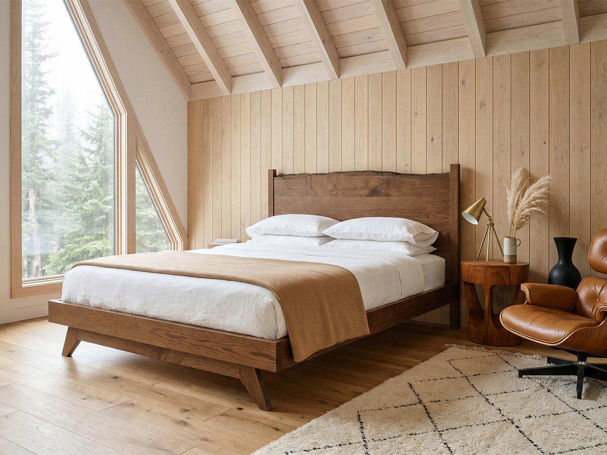 The Century Live Edge Bed — solid white oak bed with live edge headboard, handcrafted in the USA by Danner Furniture