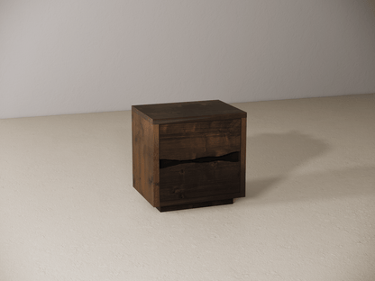 Wooden nightstand on a beige surface with a neutral background 